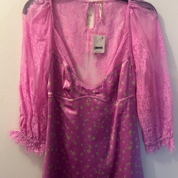 Free People Dresses & Skirts - Free People About That Mini Barbie Pink Lace Polka Dot V Neck Mini Dress NWT
